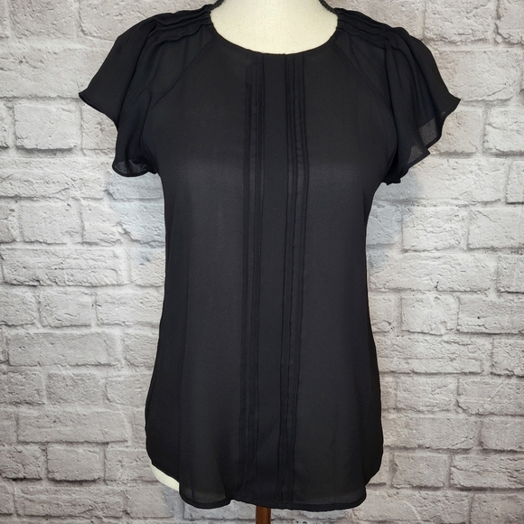 Worthington women's black semi sheer front pleated cap flutter sleeve top sz PXS - Picture 3 of 11